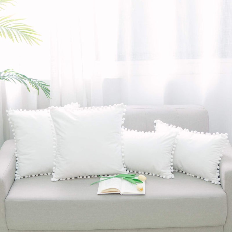 NATUS WEAVER White Velvet Decorative Throw Pillow Covers Pom Poms Soft Solid Square Lumbar Cushion Cases for Sofa Couch Bedroom Car, Pack of 2, 12 X 20 inches - Image 5